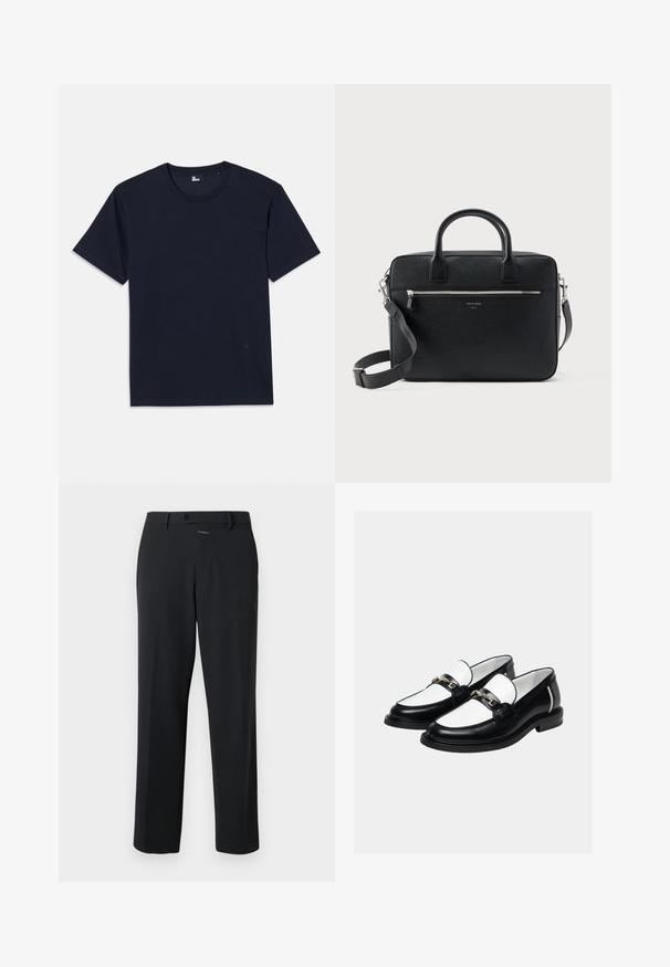 T-shirt en coton bleu marine à manches courtes, col rond et détails de couture minimes. Design simple sans motifs ni accents visibles.; Pantalon noir à coupe droite, en tissu lisse. Il présente une fermeture à bouton à l'avant et des détails de couture subtils. Conception simple sans motifs.; Paire de mocassins en cuir noir et blanc avec un détail de chaîne dorée sur le dessus, sur un fond clair uni.; Serviette rectangulaire en cuir noir texturé avec double poignée, poche avant zippée et bandoulière réglable présentée sur fond blanc.