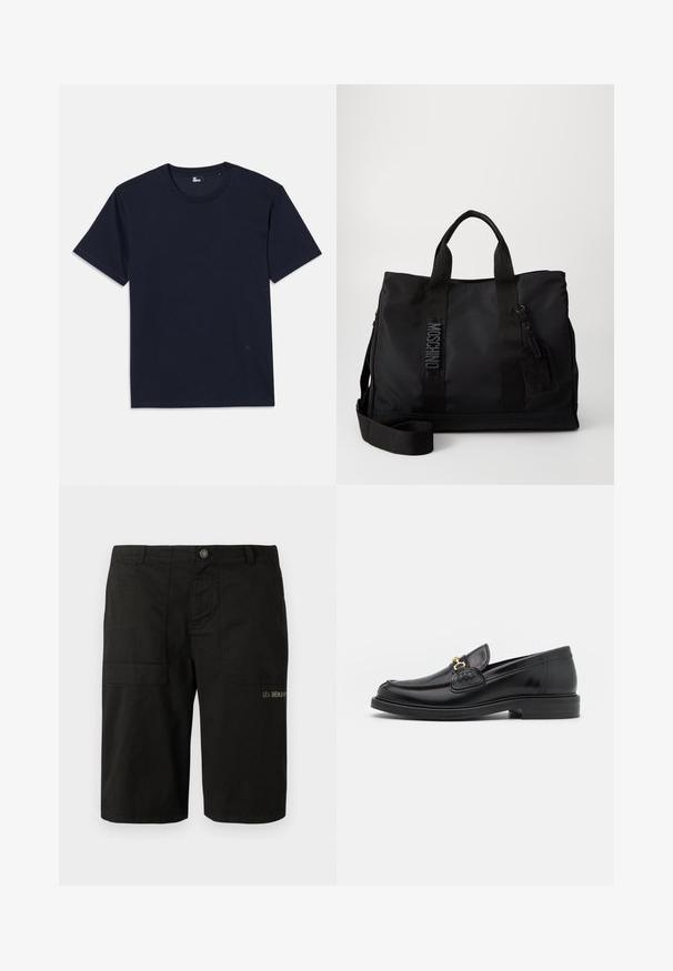 T-shirt en coton bleu marine à manches courtes, col rond et détails de couture minimes. Design simple sans motifs ni accents visibles.; Shorts cargo noirs en coton, avec fermeture à bouton, deux poches latérales et broderie discrète "LES BENJAMINS" à l'avant.; Mocassins en cuir noir avec un embout rond, présentant des accents en métal doré et des détails de couture, montés sur une semelle en caoutchouc texturé et basse.; Sac fourre-tout en nylon noir avec double anses supérieures, bandoulière réglable et détails de logo gaufré. Texture lisse avec une étiquette attachée.