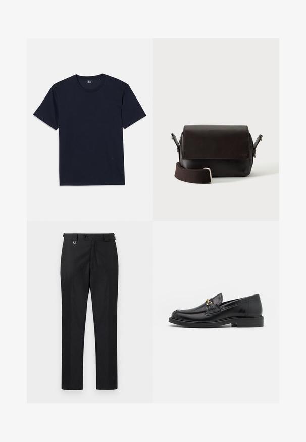 Camiseta de algodón azul marino con mangas cortas, cuello redondo y detalles de costura mínimos. Diseño simple sin patrones o acentos visibles.; Pantalones negros de corte recto y ajustado, con cierre de botón y trabillas para cinturón. Textura suave con un detalle mínimo.; Mocasines de cuero negro con punta redondeada, que cuentan con un detalle de herrajes dorados y costuras, situados sobre una suela de goma texturizada y baja.; Bolso bandolera de cuero marrón oscuro con cierre de solapa y correa de tela ajustable sobre fondo blanco.