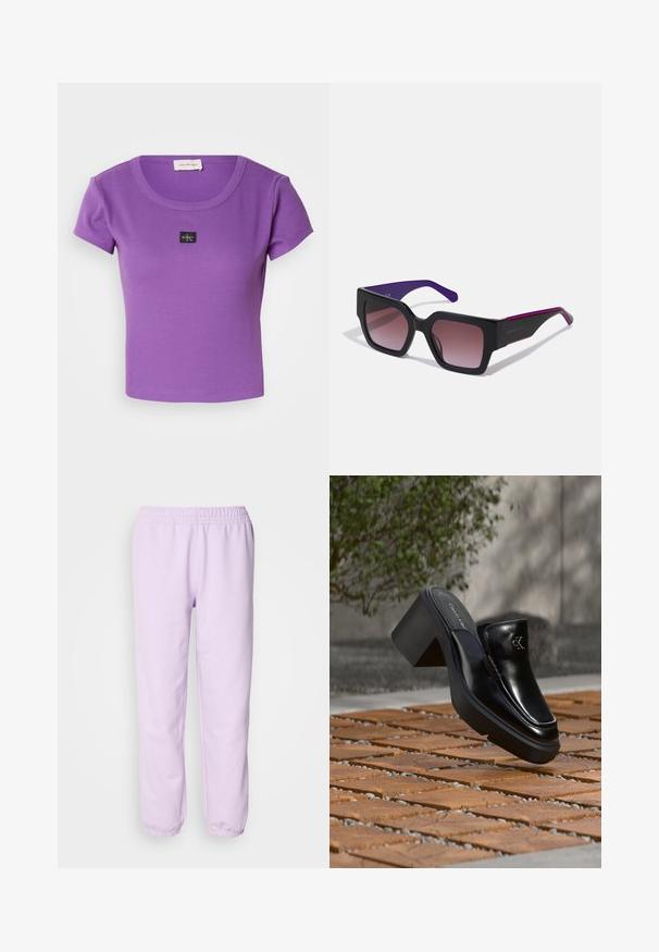 Lilla ribbet kortærmet t-shirt med rund halsudskæring og et lille sort Calvin Klein-logo på brystet. Blød tekstur.; Lys lilla sweatpants lavet af blødt stof, med elastisk talje og elastiske manchetter ved anklerne. Enkel design, ingen mønstre.; Sort læder Calvin Klein slip-on mule med blokhæl, der hviler på trætøj udendørs nær en grøn plante og en grå væg.; Sort rektangulære solbriller med gradientlinser, lilla arme og slanke kanter. Har en mat finish og et subtilt logo på stangen.