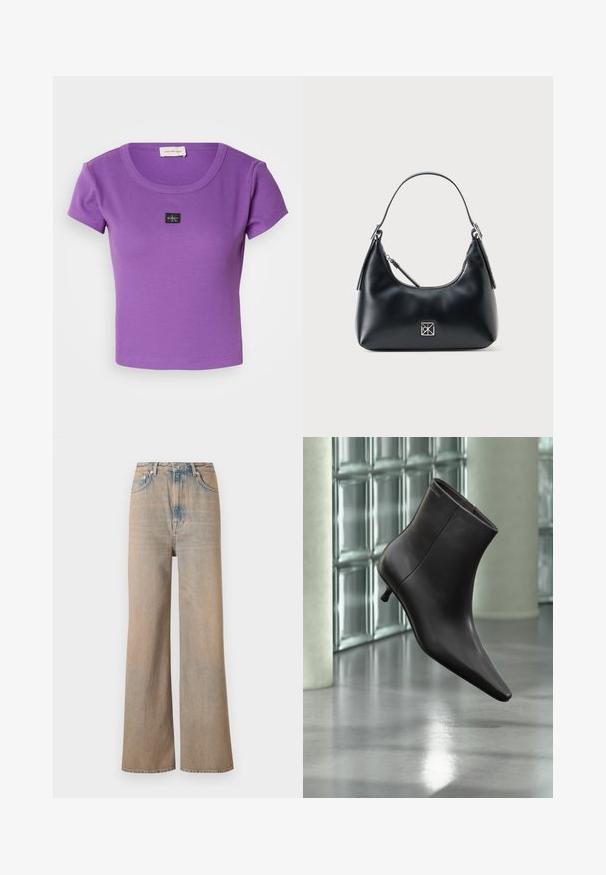 Lilla ribbet kortærmet t-shirt med rund halsudskæring og et lille sort Calvin Klein-logo på brystet. Blød tekstur.; Lyse vaskede, vide ben jeans med høj talje, lavet af denim. Har diskret syninger og fem lommer, med en let falmet tekstur.; Sort læderankelstøvle med spids tå og lille hæl vist mod en væg af glasblokke og poleret gulv baggrund.; Sort læder skuldertaske med et enkelt håndtag, lynlåslukning og et lille kvadratisk sølvlogo på forsiden.