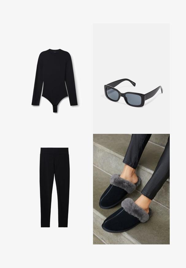 Body negro de manga larga con cuello redondo y cierre de broches en la entrepierna, mostrado extendido sobre un fondo blanco.; Leggings negros de cintura alta con ajuste delgado de longitud completa y cinturilla lisa, mostrados sobre un fondo blanco.; Zapatillas de ante negro con un puño de pelo sintético gris, punta redonda y costuras en contraste. Textura suave y diseño de fácil puesta para mayor comodidad.; Gafas de sol rectangulares negras con lentes oscuros, montura de plástico grueso y patillas anchas. Superficie lisa y diseño anguloso.