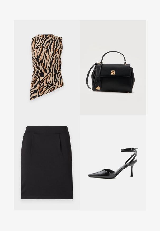 Top sin mangas con dobladillo asimétrico y estampado de rayas de tigre en colores beige, negro y marrón sobre un fondo liso.; Falda lápiz negra hasta la rodilla con una cinturilla amplia y sutiles pinzas frontales, hecha de tela suave.; Zapato de tacón alto negro de punta fina con delgadas correas en el tobillo y cierre de hebilla plateada sobre un fondo liso claro.; Bolso de mano de cuero negro con asa superior, cierre con solapa y broche dorado, y correa de hombro desmontable sobre fondo blanco.