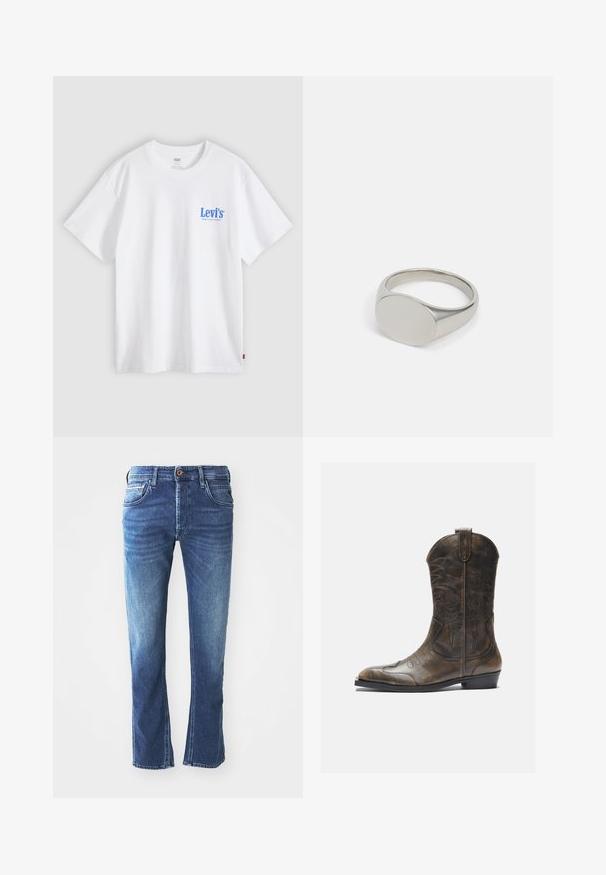 Hvid Levi's t-shirt med korte ærmer, blå logo tekst på venstre bryst og lille rødt mærke i sidesøm mod en lys grå baggrund.; Mørkeblå denim jeans med lige ben-design, der har fem lommer, en brun knaplukning og diskret lys udtoning ved lårene.; Brune læder cowboystøvle med en høj skaft, spids tå, intrikate syning mønstre og en lille hæl. Struktureret finish hele vejen igennem.; Sølv rustfrit stålring med en glat, rund, flad overflade og et skråbånd. Designet er minimalistisk med en poleret finish.