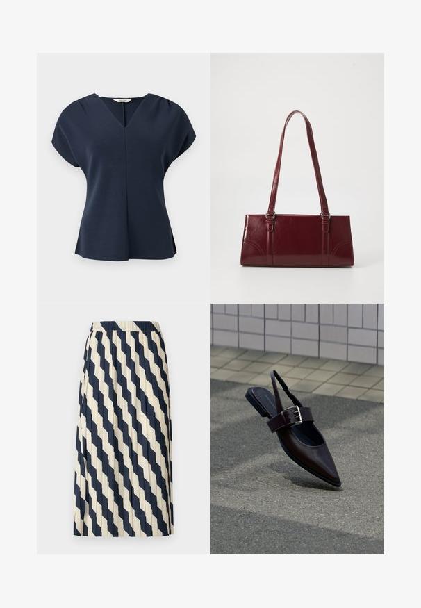 Marineblå kortærmet bluse med V-hals, plisserede skuldre og en let vidde ved kanten, vist på en hvid baggrund.; Fyrtårnsskjørt i creme og navy, med diamantmønster. Elastisk talje og let stof skaber en flydende silhuet.; Mørkebrune flade slingback-sko med spids tå, bred rem og stor sølvspænde på asfalt nær flisebelagt væg.; Bordeaux håndtaske lavet af glansfuldt materiale, rektangulær form, med to skulderremme og subtile buede detaljer på forsiden.