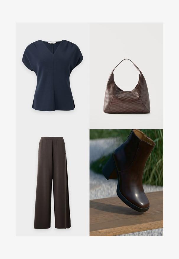Blouse bleu marine à manches courtes avec encolure en V, épaules plissées et légère évasement à l'ourlet, présentée sur un fond blanc.; Pantalons large marron foncé avec une taille élastique et des poches latérales, présentés sur un fond blanc.; Bottines en cuir marron foncé avec talon bloc reposant sur une surface en bois en plein air, avec un flou d'herbe en arrière-plan.; Sac à épaule en cuir tressé marron avec une seule large bandoulière et un corps souple en forme de croissant.