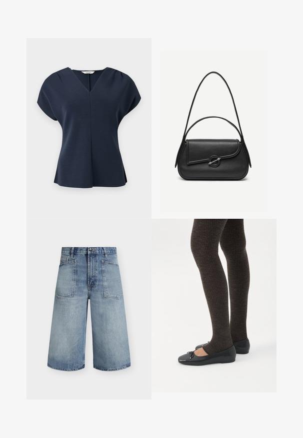 Blouse bleu marine à manches courtes avec encolure en V, épaules plissées et légère évasement à l'ourlet, présentée sur un fond blanc.; Short en denim bleu clair taille haute, jambes larges, poches plaquées à l'avant, passants pour ceinture et fermeture à boutons.; Jambes portant des leggings côtelés foncés associés à des ballerines noires avec de petits détails en nœud sur fond blanc.; Sac à main en cuir noir avec bords arrondis, rabat asymétrique, fermoir circulaire en métal, et des bandoulières courtes et longues.