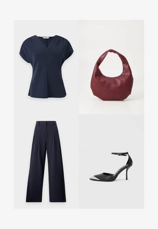 Blouse bleu marine à manches courtes avec encolure en V, épaules plissées et légère évasement à l'ourlet, présentée sur un fond blanc.; Pantalons larges navy avec une texture lisse, présentant des plis avant et une taille classique, conçu pour un ajustement décontracté.; Chaussure à talon haut noire à bout pointu avec embout métallique argenté et bride à la cheville avec fermeture à boucle sur fond blanc.; Sac à main tissé bordeaux avec une silhouette arrondie, une seule poignée et une finition texturée. Fermeture zippée en haut.