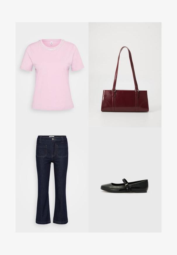Roze T-shirt met korte mouwen en een ronde hals, versierd met decoratieve kralen en pailletten rond de kraag. Zachte katoenmix.; Donkerblauwe denim jeans met voorzakken, contrasterende stiksels, riemlussen, knoopsluiting en licht uitlopende pijpen.; Zwarte leren balletschoenen met een ronde neus, een platte zool en een dunne verstelbare band over de wreef met een metalen gesp.; Bourgondische handtas van glanzend materiaal, rechthoekige vorm, met twee schouderbanden en subtiele gebogen accenten aan de voorkant.