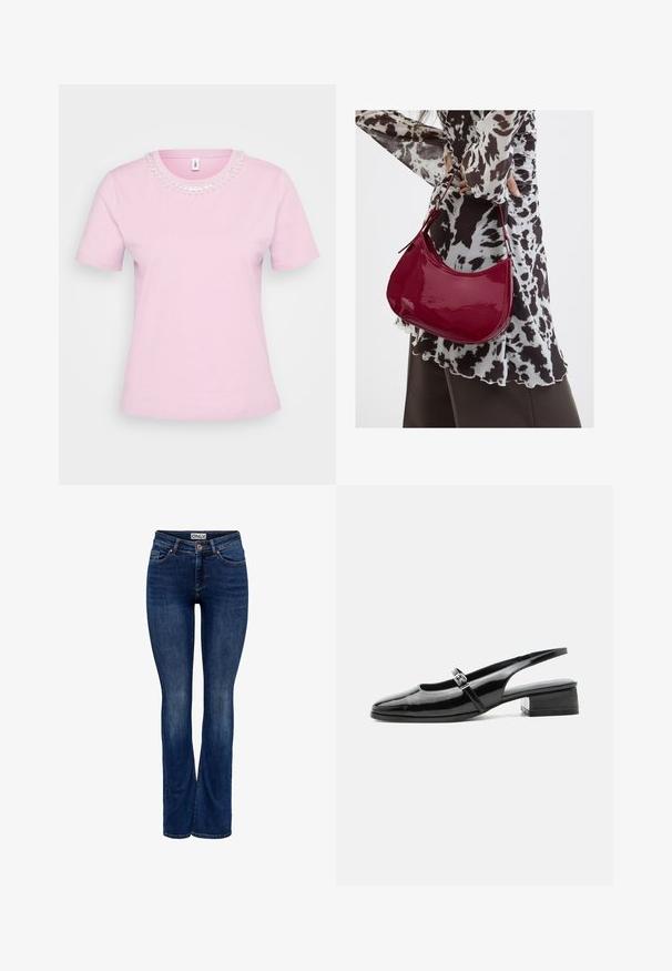 Lyserød T-shirt med korte ærmer og rund halsudskæring, udsmykket med dekorative perler og palietter omkring kraven. Blød bomuldsblanding.; Mørkeblå denim jeans med let falming, fem-pockets design, knaplukning og bootcut benstil, mærket "ONLY" på linningen.; Sort laklæderslingback-sko med lav blokhæl og tynd rem med sølvspænde over toppen.; Kvinde iført en sort- og hvidmønstret bluse, der holder en blank rød skuldertaske mod en ensfarvet baggrund.