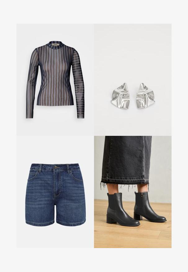 Langsleeve top met een hoge kraag, gemaakt van doorzichtig materiaal met verticale strepen in donkere tinten bruin en blauw.; Donkerblauwe denimshorts met knoopsluiting aan de voorkant, ritssluiting, riemlussen en voorzakken, afgebeeld tegen een witte achtergrond.; Zwarte leren enkellaarsjes met een ronde neus en een blokhak. Beschikt over een zijrits en een gladde textuur. Draagt met een versleten denimrok.; Zilveren metalen oorbellen met een golvend, sculpturaal ontwerp, voorzien van een gepolijste afwerking en onregelmatige vormen, die een hedendaagse esthetiek benadrukken.