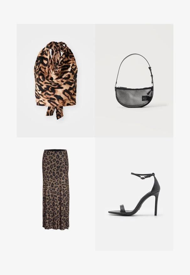 Læderpræget tørklæde med en let, silkeagtig tekstur i sort og beige nuancer; bundet øverst med en lille sløjfe.; Leopardprint nederdel i brune og sorte nuancer, med et flydende design og en subtil flæsekant, fremstillet af et let og blødt stof.; Sorte højhælede sandaler med åben tå, tynde stropper og spænde om anklen. Glat lædertekstur med spidse tådesign.; Sort mesh halvmåne håndtaske med en kort justerbar læderrem og lynlåslukning på en ensartet lys baggrund.
