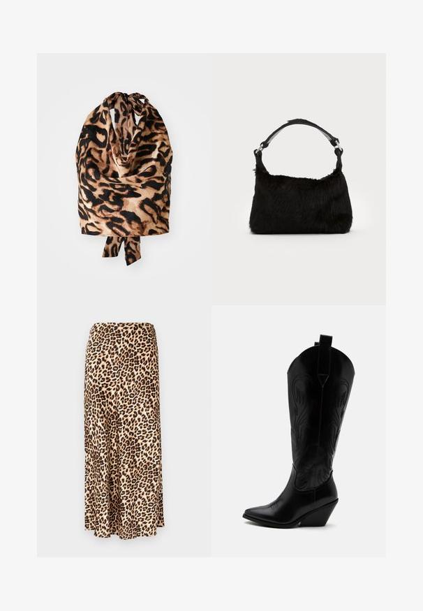 Bufanda de estampado de leopardo con una textura ligera y sedosa en tonos negros y beiges; atada en la parte superior con un pequeño lazo.; Falda larga de estampado de leopardo hecha de tejido suave. Base marrón clara con manchas negras y marrones. Diseño acampanado con dobladillo recto.; Bota de vaquero de cuero negro con punta puntiaguda, tacón bloqueado inclinado, costuras decorativas y lengüetas en la parte superior sobre fondo blanco.; Bolso de mano de piel sintética negra con una textura suave, forma redondeada y una resistente correa de cuero negro para el hombro. Acentos de herrajes plateados visibles.
