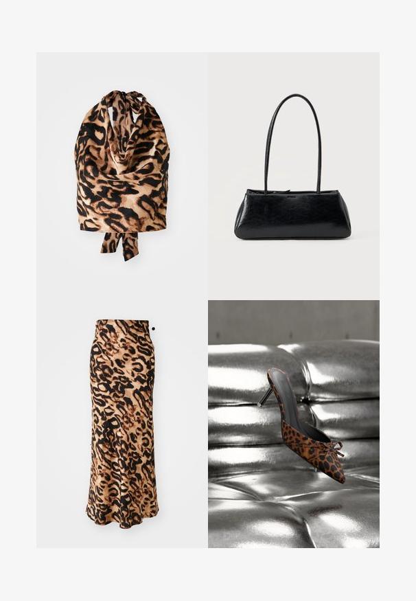 Læderpræget tørklæde med en let, silkeagtig tekstur i sort og beige nuancer; bundet øverst med en lille sløjfe.; Maxikjole med leopardprint og en tætsiddende talje, lavet af blødt stof, med nuancer af brun og sort i en svævende A-formet silhuet.; Højhælede mule med leopardprint, spids snude og lille sløjfe, hvilende på en blank sølvfarvet polstret overflade.; Sort rektangulær skuldertaske med lange tynde stropper og en glat, blank tekstur på en ensfarvet baggrund.