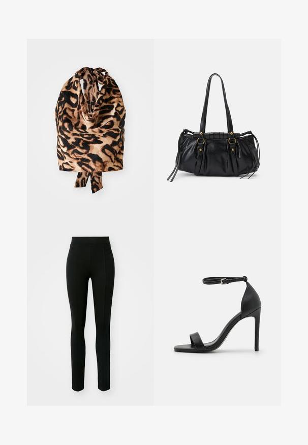 Schal mit Leopardenmuster, der eine leichte, seidige Textur und schwarz-beige Töne aufweist; am oberen Ende mit einer kleinen Schleife gebunden.; Schwarze Leggings aus dehnbarem Material, mit hohem Bund, schmaler Passform und zwei Vordertaschen ohne sichtbare Nähte.; Schwarze hochhackige Sandale mit elegantem Design, featuring einem Knöchelriemen, offener Zehenpartie und glattem Lederfinish.; Schwarze Lederhandtasche mit runder Form, doppelten Griffen, dekorativen Hardware-Details und seitlichen Bindebändern. Glatte, glänzende Textur.