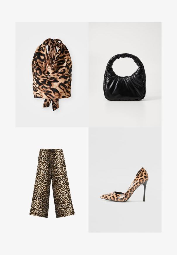 Læderpræget tørklæde med en let, silkeagtig tekstur i sort og beige nuancer; bundet øverst med en lille sløjfe.; Bredde bukser med leopardprint i let stof med sort baggrund, der har en snor i taljen og en glat tekstur.; Leopardprint højhælede sko med spids tå, blank finish og stilettehæl. Har en glat tekstur og åben bagdesign.; Sort polstret håndtaske med et rundt håndtag, der har en glat, skinnende overflade og en blød, kviltet tekstur. Ingen synlige hardware eller accenter.