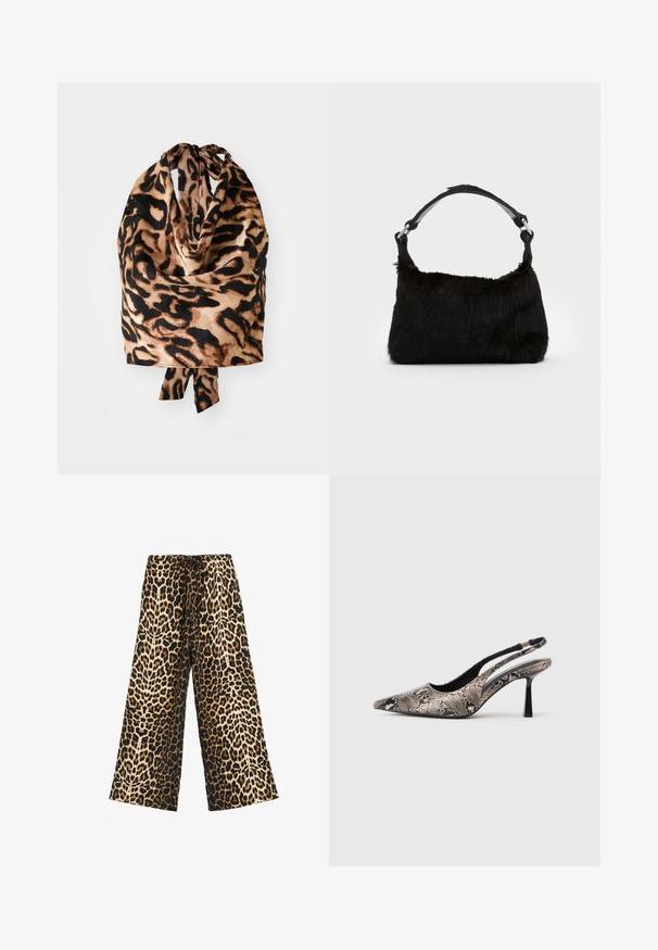 Læderpræget tørklæde med en let, silkeagtig tekstur i sort og beige nuancer; bundet øverst med en lille sløjfe.; Bredde bukser med leopardprint i let stof med sort baggrund, der har en snor i taljen og en glat tekstur.; Spidse slingback sko lavet af tekstureret slangeskindsmateriale, med en slank sort hæl og en udskæringsdesign på siderne.; Sort faux fur håndtaske med en blød tekstur, rund form og en robust skulderrem i sort læder. Synlige sølvhardware-detaljer.