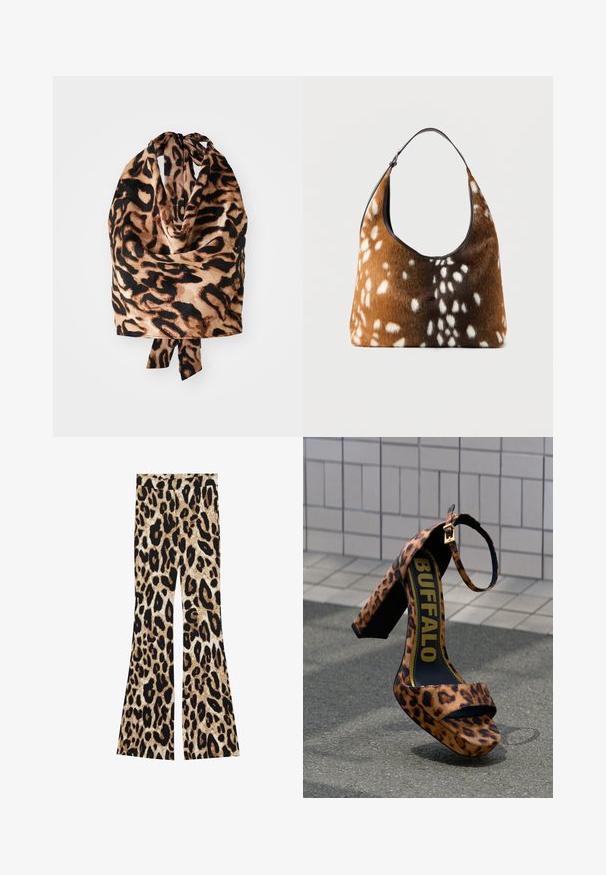 Læderpræget tørklæde med en let, silkeagtig tekstur i sort og beige nuancer; bundet øverst med en lille sløjfe.; Flared bukser med leopardprint i sort og brune nuancer, ribbet tekstur og høj talje design.; Dyreprintet højhælet sko med chunky hæl, åben tå og ankelrem. Har en sort indersål med "BUFFALO" i fed gul skrift.; Brun og sort håndtaske med hvid pletskindtekstur og en enkelt sort skulderrem på en ensfarvet baggrund.