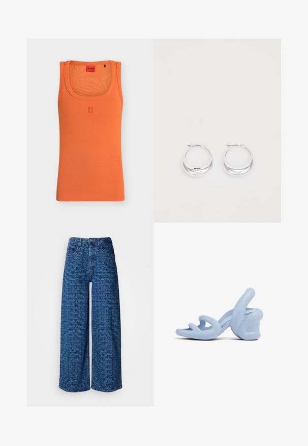 Oranje mouwloze tanktop met het "HUGO"-logo geborduurd met dezelfde kleur garen midden op de borst.; Wijdvallende, blauwe denim jeans met een herhalend blindgeperst logo-patroon. Voorzien van een klassiek vijf-pocket ontwerp en knoopsluiting.; Lichtblauwe haksandalen, gemaakt van glad rubber, met een sculpturaal ontwerp van golvende banden en een stevige hak.; Zilveren creolen met een gepolijste afwerking en DKNY-branding, weergegeven tegen een effen witte achtergrond.