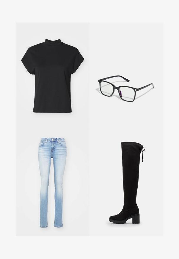 Camiseta negra de manga corta con cuello alto, hecha de un textil suave, con un corte holgado y un dobladillo recto.; Jeans ajustados de color azul claro, hechos de denim, con una cintura de altura media, cinco bolsillos y un ligero desgastado en los muslos y las rodillas.; Botas negras hasta el muslo hechas de ante suave con tacón grueso y punta redondeada; cuentan con un cordón en la parte superior para un ajuste ajustable.; Gafas rectangulares negras con lentes transparentes, que presentan acentos dorados en la montura y un ligero tinte púrpura en uno de los lentes.