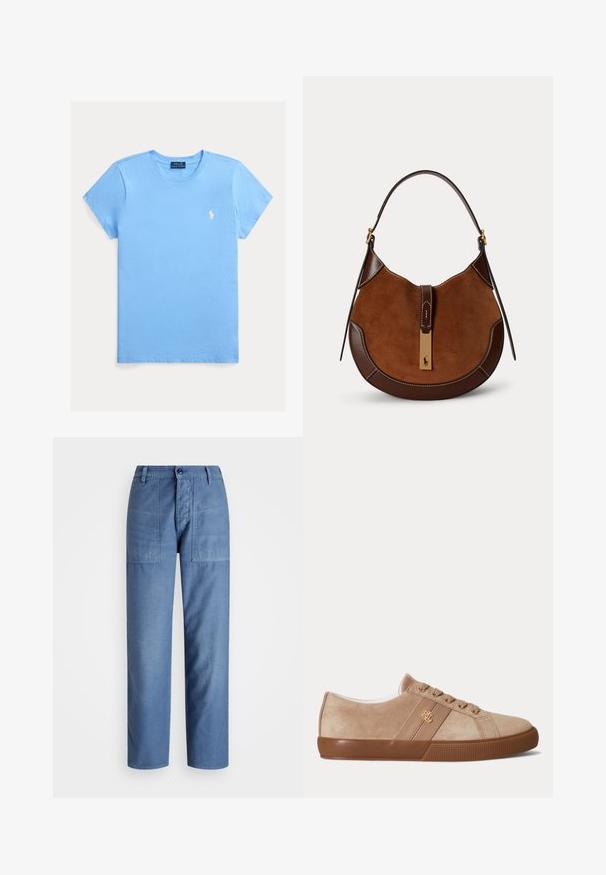 Svetlomodré tričko s krátkym rukávom a okrúhlym výstrihom s malým bielym vyšívaným logom Polo Ralph Lauren na ľavej strane hrudníka.; Svetlomodré džínsy s rovnými nohavicami, obsahujúce dve predné vrecká a zapínanie na gombík v oblasti pása. Hladká textúra.; Béžové semišové nízke tenisky s hnedou gumovou podrážkou, zladenými šnúrkami a malým zlatým logom "RLL" na boku.; Hnedá semišová a kožená kabelka v tvare polmesiaca s jedným popruhom a zlatou sponou s malým logom koňa a jazdca.