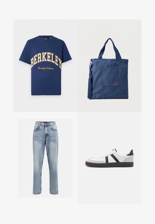 Camiseta de algodón azul marino con "BERKELEY" en letras amarillas en negrita y "Universidad de California" en una tipografía más pequeña debajo.; Jeans de mezclilla de tiro alto en azul claro con un corte recto, cinco bolsillos y cierre de botón. Presentan un desgastado sutil y detalles de costura.; Zapatilla blanca con acentos en negro y gris, que presenta una puntera texturizada en gris, suela de goma negra y cordones planos blancos. Diseño limpio, estilo minimalista.; Bolso tote de lona azul con bolsillo frontal y bordado rojo "O.N.S", con asas dobles y una correa ajustable para el hombro.