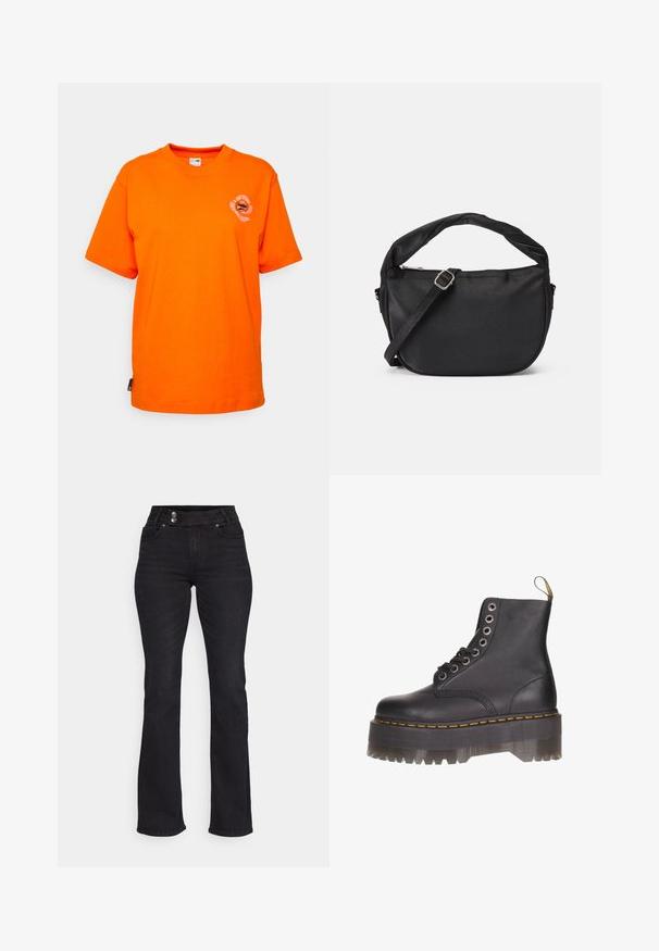 Orange Baumwoll-T-Shirt mit kurzen Ärmeln, Rundhalsausschnitt und einem kreisförmigen Grafikumdruck auf der linken Brust. Mit einem Seitenetikett.; Schwarze Denim-Jeans im Schlagstil mit hoher Taille, zwei vorderen Taschen und kontrastierenden Metallknöpfen. Glatte Textur mit leichtem Stretch.; Schwarze Leder-Stiefelette mit sechs Ösen-Schnürung, gelben Nähten und einer transparenten Plattformsohle mit gezacktem Rand.; Schwarze Stoffumschlagtasche mit einem verdrehten Griff, einem abnehmbaren Schultergurt und einem Reißverschluss-Topverschluss. Glatte Textur und minimalistisches Design.