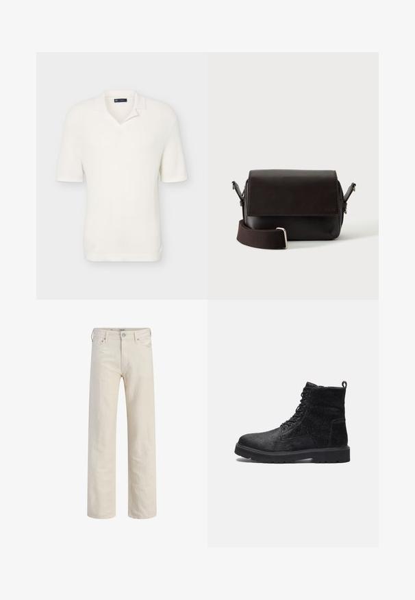 Weißes kurzärmeliges Strick-Poloshirt mit weichem Kragen und gerippter Struktur, vor einfachem hellem Hintergrund gezeigt.; Off-white Jeans mit geradem Bein, vorderen Taschen, Gürtelschlaufen, Knopf- und Reißverschluss.; Schwarze Ankle Boots mit einer strukturierten Oberfläche, ausgestattet mit Schnürung vorne, robustem Gummisohle und einer Zuglasche hinten für einfaches An- und Ausziehen.; Dunkelbraune Leder-Umhängetasche mit Klappenverschluss und verstellbarem Stoffriemen auf weißem Hintergrund.