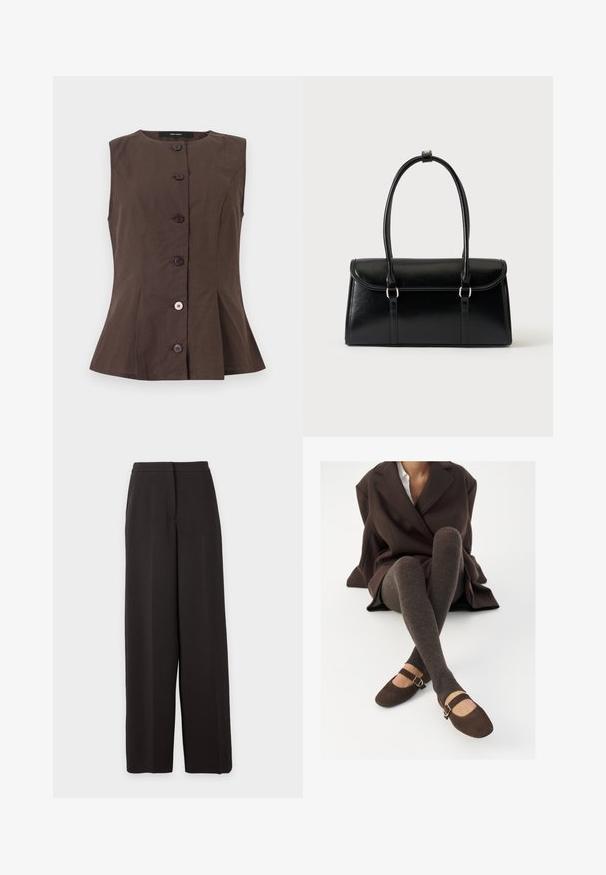 Gilet marron sans manches boutonné, avec un col rond et des coutures cintrées, comprenant six boutons sur le devant, dont un plus clair.; Pantalon noir taille haute à jambes larges avec un devant plat et une fermeture dissimulée, présenté sur un fond clair uni.; Des chaussettes marron côtelées jusqu'aux genoux associées à des ballerines en daim marron de type Mary Jane avec une sangle décorative et une boucle, portées avec un manteau sombre.; Sac à main rectangulaire en cuir noir avec fermeture à rabat et deux longues anses sur fond blanc uni.
