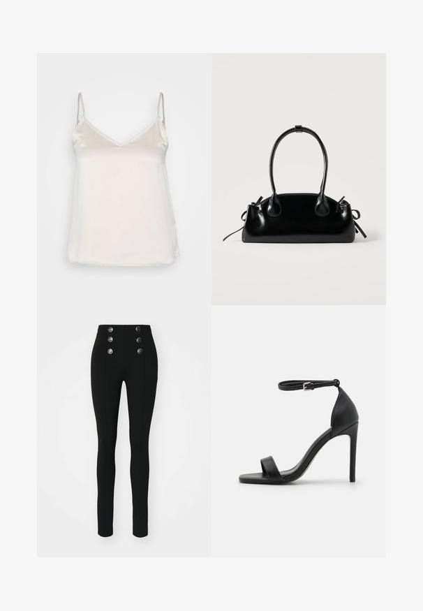 Camisole beige soyeux avec des bretelles fines réglables et un décolleté en V subtil, présentant une surface lisse et non texturée.; ONLY ONLNORI LEGGING - Legging (type pantalon) - black; Sandale noire à talons hauts au design épuré, avec une bride au niveau de la cheville, un bout ouvert et une texture en cuir lisse.; Petit sac à main noir brillant avec deux longues anses et des détails à cordon sur les côtés sur un fond clair uni.