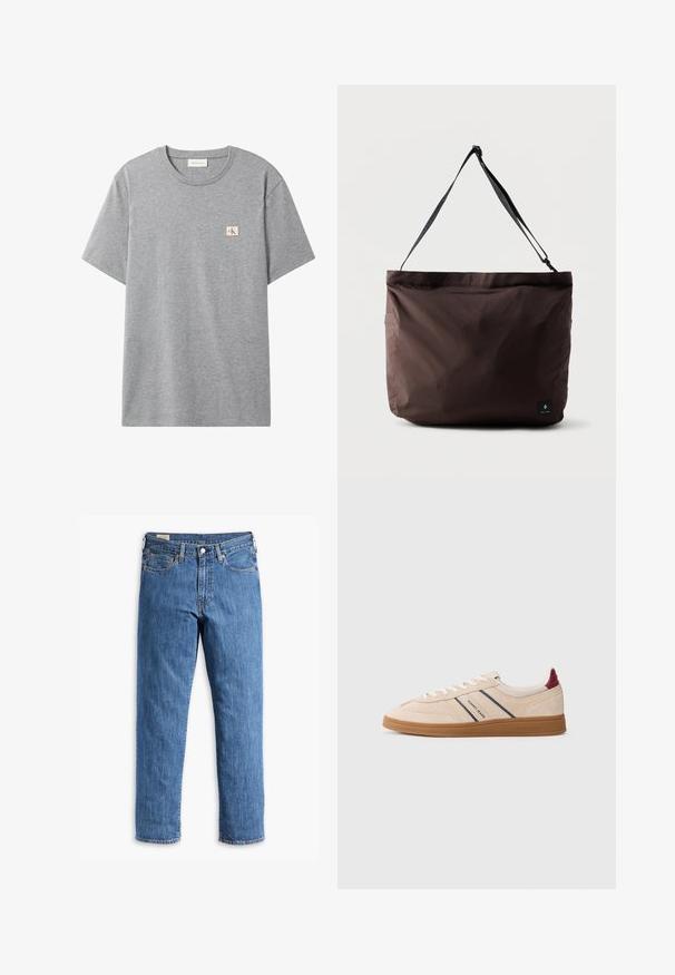 Grå kortærmet bomulds T-shirt med rund halsudskæring og en lille hvid firkantet lap med røde CK-bogstaver på venstre bryst.; Blå denimjeans med lige ben, kobbernitter og fem-lomme design. Har en syet kant og et klassisk taljebånd med bæltestropper.; Sneakers i cremet beige ruskind med marineblå striber, hvide snørebånd og en brun gummisål. Logoet vises på siden og hælen.; Brun stof tote-bag med en glat tekstur, justerbar sort rem og sidelomme. Har et lille logo-tag foran.