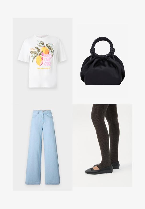 Witte katoenen T-shirt met een grafisch ontwerp van twee gele citroenen met groene bladeren, vergezeld van kleurrijke tekst: "VOEL DE VIBE."; Lichtblauwe wijd gewaide jeans van denim, met een hoge taille, voorzakken en schone zomen met minimale stikdetails.; Benen met donkere geribbelde leggings gecombineerd met zwarte ballerina's met kleine strikdetails op een witte achtergrond.; Zwarte zachte stoffen handtas met geplooide bovenkant en ronde gewatteerde handvatten, vastgeknoopt aan elke kant.