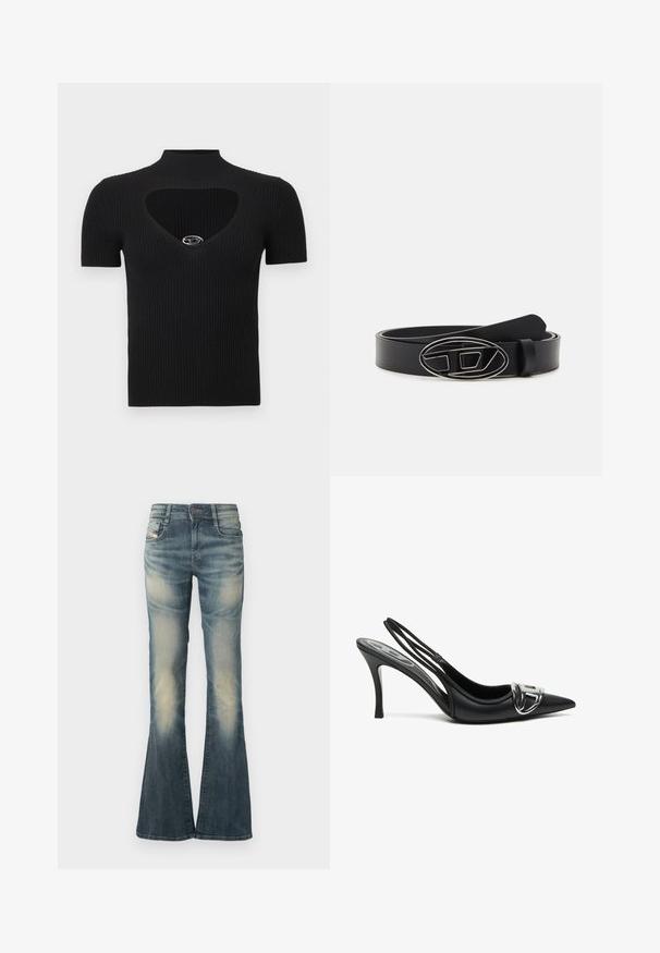 Schwarzes, geripptes Strickoberteil mit hohem Kragen und herzförmigem Ausschnitt. Verfügt über kurze Ärmel und einen silbernen Akzent am Halsausschnitt.; Jeans aus Denim mit ausgestelltem Bein in verblasstem Blau und leichter Used-Optik. Mit einer vorderen Knopfverschlusss, fünf Taschen und einer Taille mit mittlerer Bundhöhe.; Schwarze Slingback-Pumps mit spitzem Vorderteil, ausgestattet mit einem glänzenden silbernen Schnallendetail und einem schlanken Absatz. Glattes Lederoberfläche, minimalistische Gestaltung.; Schwarzer Leder-Gürtel mit breitem Riemen, einer ovalen silbernen Schnalle mit geometrischem Design und einer durchgehend glatten Textur.