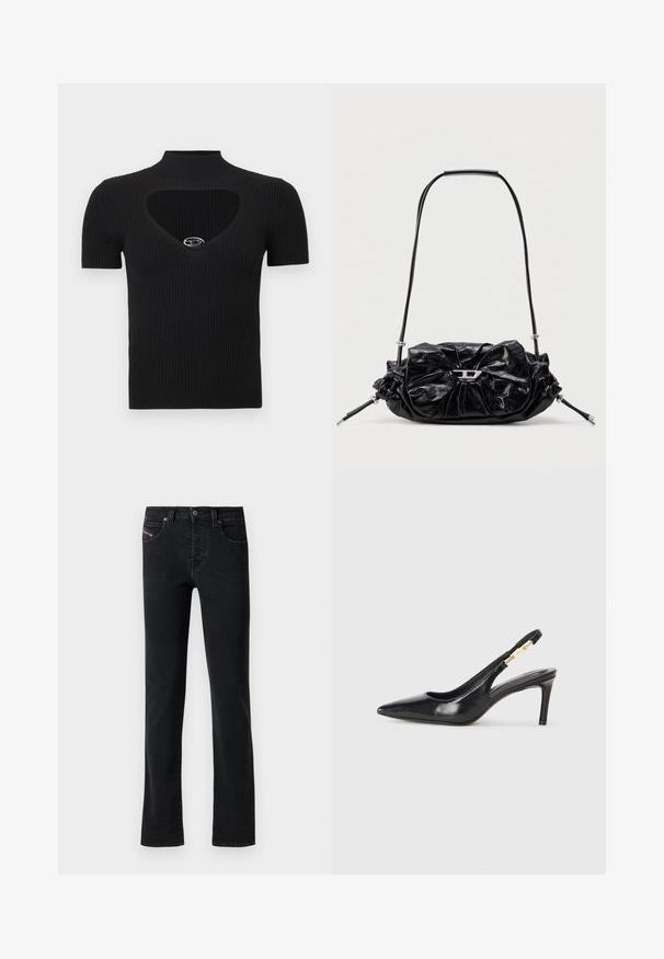 Sort ribstrikket top med høj hals og hjerteformet udskæring. Har korte ærmer og en sølvaccent ved halsudskæringen.; Sort denim jeans med lige snit, som har fem lommer og subtile syninger. Stoffet har en glat tekstur og minimal falmen.; Sort læder slingback højhælede sko med spidse tæer, glat overflade og en smal ankelrem med guldfarvede hardware detaljer.; Sort læderhåndtaske med et opsamlet design og sløjfedetalje foran. Har en kort hank og sølvfarvede hardware-accenter.