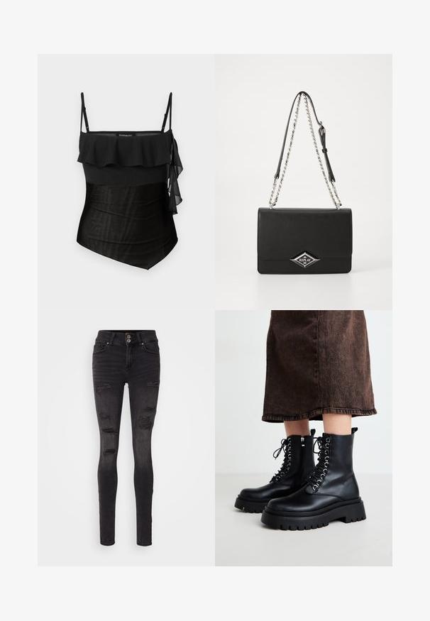 Zwarte top met dunne verstelbare bandjes, gelaagde ruchedesign bij de halslijn en een gladde, textuurloze stof. De zijkant heeft een vloeiende, doorschijnende accent.; Zwarte skinny jeans van denim met een verouderd ontwerp, voorzien van meerdere scheuren en een aansluitende snit. Dubbele knoopsluiting bij de taille.; Zwarte leren enkellaarsjes met een stevige zool, vetersluiting aan de voorkant en een zijrits. Voorzien van zilveren oogjes en een gladde textuur.; Zwarte leren handtas met een klep ontwerp, zilveren ketting en leren schouderriem, met een diamantvormig metalen logo op de voorkant.