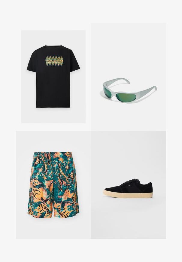 Sort t-shirt med korte ærmer med blåt og orange geometrisk trekantmønster og teksten "VOLCOM" centralt på brystet.; Badetights med et mønster af orange, teal og sorte jungleblade, lavet af letvægtsstof med en elastisk talje for komfort.; Sort lavtop sneaker med beige tekstureret sål, snørebånd og lille sidelog på en ensfarvet lysegrå baggrund.; Arnette CATFISH - Solbriller - metallic silver