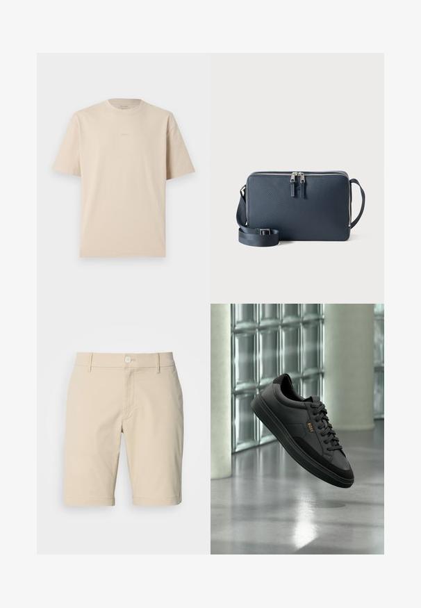 Beige lyhythihainen pyöreakauluksinen t-paita, jossa on hillitty etuosan keskellä oleva logo ja normaali istuvuus, yksivärisellä taustalla.; Vaaleanbeige puuvillashortsit, joissa on tasainen etuosa, nappikiinnitys ja vyölenkit. Varustettu taskuilla ja suoralla lahjen designilla. Sileä rakenne.; Musta nahkainen matala tennari mustilla nauhoilla ja kultaisella "BOSS"-logolla, ilmassa lasitiilise seinän ja harmaan lattian edessä.; La handbag teksturoitu sinimusta, jossa on vetoketju, kaksi vetoketjun nyöriä, säädettävä hihna ja litteä muotoilu, soveltuu arkikäyttöön.