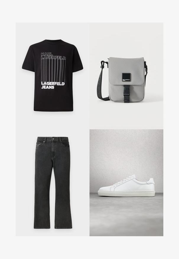 Sort T-shirt lavet af bomuld, der har hvid bloktekst "KARL LAGERFELD" og "LAGERFELD JEANS" med vertikal linjedetalje; standard rund hals.; Sorte denim jeans med lige ben, med en mellem taljehøjde, fem lommer og knaplukning. Diskret falmet tekstur over det hele.; Hvide sneakers med en glat læderoverdel og lav profil. Har en rund tå, seks snørehuller og en tekstureret gummisål.; Grå crossbody taske med sort justerbar rem, frontklap sikret med sort spænde, med et firkantet Karl Lagerfeld Jeans logo patch.