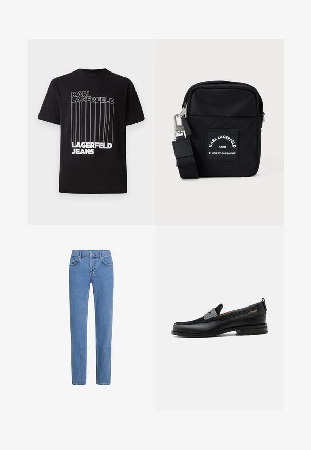 Čierne tričko vyrobené z bavlny s bielym blokovým textom "KARL LAGERFELD" a "LAGERFELD JEANS" s vertikálnym detailom; štandardný okrúhly výstrih.; Svetlomodré džínsové nohavice so strihom rovného nohavice, piatimi vreckami a zapínaním na gombík. Tkanina má textúrovaný povrch s jemným vyblednutím.; Čierny kožený mokasín so sivým remienkom, nízkym podpätkom a textúrovanou podrážkou, so značkou "HUGO" v zlatej farbe na boku.; Čierna nylonová crossbody taška s obdĺžnikovým tvarom, s predným nášivkovým označením, strieborným kovovým hardvérom a nastaviteľným popruhom.