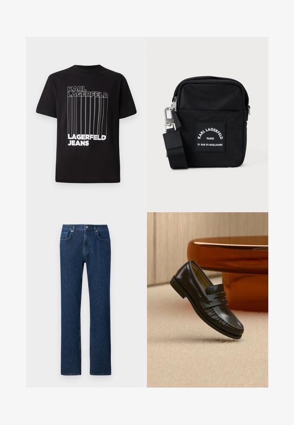 Camiseta negra de algodón con texto en bloque blanco "KARL LAGERFELD" y "LAGERFELD JEANS" con detalle de línea vertical; con cuello redondo estándar.; Jeans de denim azul oscuro con corte recto, que cuentan con un cierre frontal de botón, presillas para cinturón y un diseño de bolsillo estándar.; Mocasín de cuero negro brillante con detalle de correa, colocado sobre una alfombra beige cerca de una mesa de café redonda marrón en una habitación con iluminación suave.; Bolsa cruzada de nailon negra con forma rectangular, presenta una etiqueta en el parche frontal, herrajes plateados y una correa ajustable.