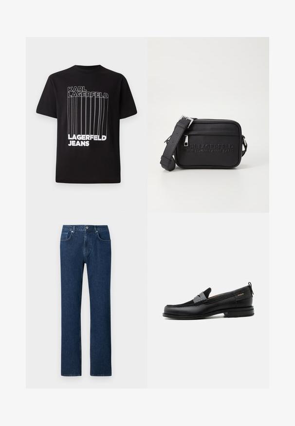 Camiseta negra de algodón con texto en bloque blanco "KARL LAGERFELD" y "LAGERFELD JEANS" con detalle de línea vertical; con cuello redondo estándar.; Jeans de denim azul oscuro con corte recto, que cuentan con un cierre frontal de botón, presillas para cinturón y un diseño de bolsillo estándar.; Mocasín de cuero negro con detalle de tira gris, tacón bajo y suela texturizada, con la marca "HUGO" en oro en el lateral.; Bolso bandolera de cuero negro con logo en relieve, cierre con cremallera, correa ajustable y superficie texturizada. Forma rectangular compacta.