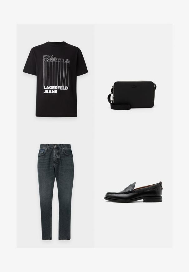 Must have T-särk, mis on valmistatud puuvillast, valge plokkteksti "KARL LAGERFELD" ja "LAGERFELD JEANS" ning vertikaalse joone detailiga; klassikaline ümar kaelus.; Tumedad halli denim püksid otse lõikega, viie tasku, nööpkinnis ja kerge kulumine. Valmistatud puuvillast, millel on sile tekstuur.; Mustast nahast meeste mokasiin, millel on moc varbaõmblus, penny rihm, tekstuuriga krae ja madal virnastatud konts valgel taustal.; Mustamata ristkülikukujuline kott tekstuurse materjaliga, lukuga sulgemine ja reguleeritav rihm; nurgas on diskreetne logo.