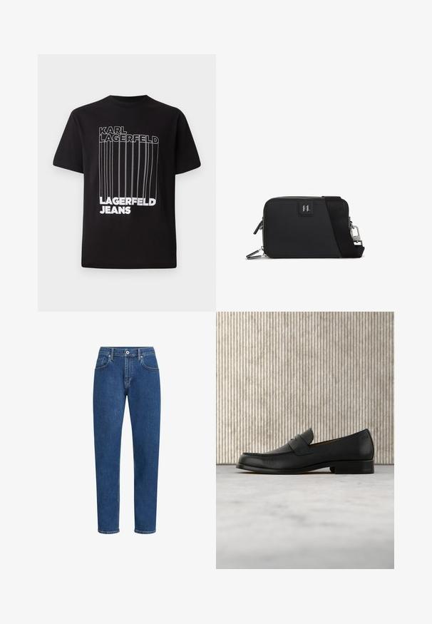 Camiseta negra de algodón con texto en bloque blanco "KARL LAGERFELD" y "LAGERFELD JEANS" con detalle de línea vertical; con cuello redondo estándar.; Vaqueros de mezclilla azul con un corte recto, diseño de cinco bolsillos, costuras sutiles y un cierre de botón en la cintura.; Zapato mocasín de cuero negro flotando sobre una alfombra beige con una mesa redonda marrón brillante al fondo.; Bolso rectangular negro hecho de material texturizado, con cierre de cremallera, correa ajustable y un parche con el logotipo en la parte frontal.
