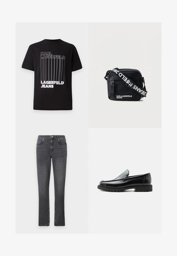 Zwarte T-shirt van katoen met witte blokletters "KARL LAGERFELD" en "LAGERFELD JEANS" en verticale lijn details; standaard ronde hals.; Grijze denim jeans met een recht gesneden ontwerp, vijf zakken en subtiele stikdetails. De stof heeft een soepele textuur.; Zwarte leren loafer met dikke rubberen zool, gestikte bovenkant en gegraveerde merknaam op de hiel, zijaanzicht op witte achtergrond.; Zwarte rechthoekige crossbodytas met voorvak, wit "KARL LAGERFELD JEANS" logo en verstelbare riem met wit merktekst.