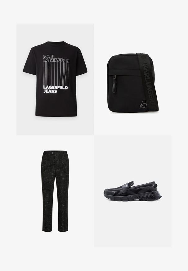 Schwarzes T-Shirt aus Baumwolle mit weißem Blocktext "KARL LAGERFELD" und "LAGERFELD JEANS" sowie vertikalen Linienelementen; klassischer Rundhalsausschnitt.; Schwarze maßgeschneiderte Hose mit einem strukturierten Muster aus dünnen weißen vertikalen Linien, geradem Schnitt und einem Knopfverschluss an der Taille.; Schwarzer Slip-On-Sneaker mit dicker, strukturierter Sohle und Mesh-Einsätzen, entworfen für Freizeit- und Sportkleidung.; Schwarze Crossbody-Tasche mit vorne liegender Reißverschlusstasche, breitem, mit „KARL LAGERFELD“ geprägtem Träger und Metall-Logodetail an der unteren Ecke.