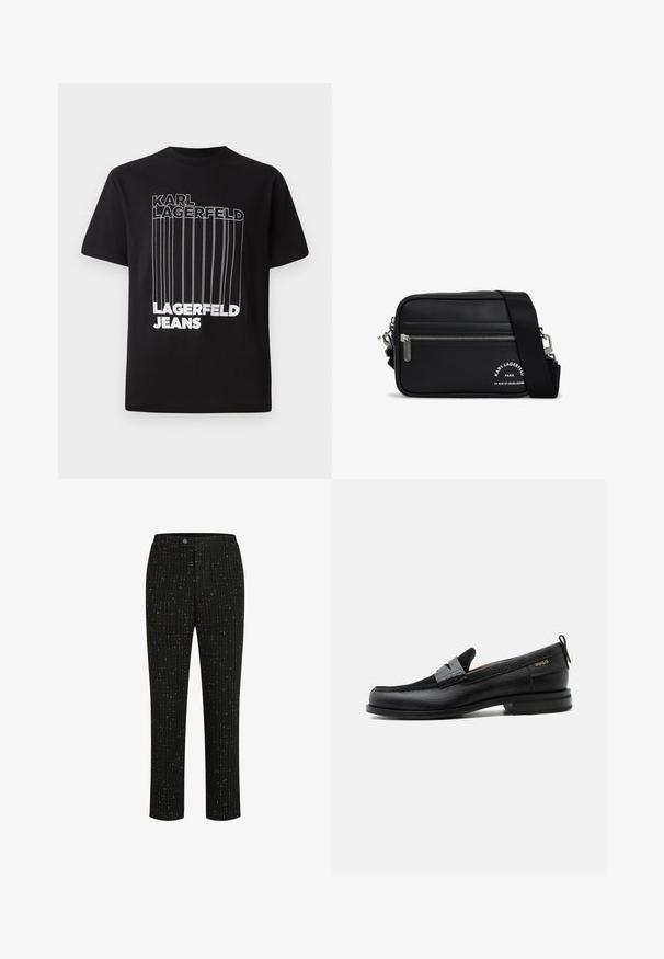 Schwarzes T-Shirt aus Baumwolle mit weißem Blocktext "KARL LAGERFELD" und "LAGERFELD JEANS" sowie vertikalen Linienelementen; klassischer Rundhalsausschnitt.; Schwarze maßgeschneiderte Hose mit einem strukturierten Muster aus dünnen weißen vertikalen Linien, geradem Schnitt und einem Knopfverschluss an der Taille.; Schwarzer Lederloafer mit grauem Riemendetail, niedrigem Absatz und strukturierter Sohle, seitlich mit „HUGO“ in Gold gebrandmarkt.; Schwarze synthetische Umhängetasche mit silbernem Reißverschluss, verstellbarem Trageriemen und Logo-Print. Die Tasche hat eine rechteckige Form und eine glatte Textur.