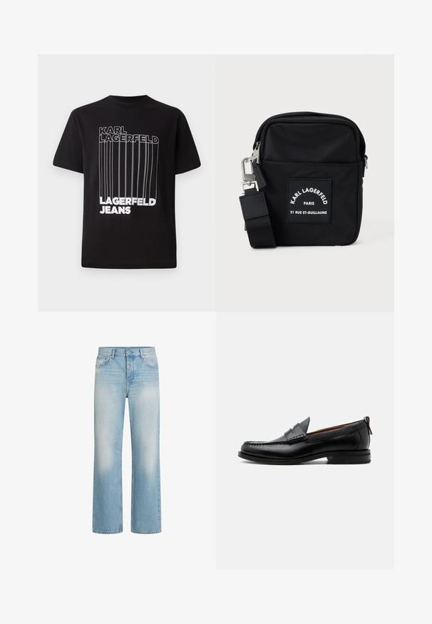 Camiseta negra de algodón con texto en bloque blanco "KARL LAGERFELD" y "LAGERFELD JEANS" con detalle de línea vertical; con cuello redondo estándar.; Jeans de mezclilla azul claro con un diseño de pierna recta, detalles de desgaste, estilo de cinco bolsillos, cierre de botón y presillas para cinturón en la cintura.; Mocasín de hombre de piel negra con costura moc toe, tira penny, cuello texturizado y tacón bajo apilado sobre fondo blanco.; Bolsa cruzada de nailon negra con forma rectangular, presenta una etiqueta en el parche frontal, herrajes plateados y una correa ajustable.