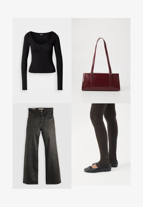 Top negro de manga larga con escote redondo, diseño ajustado y detalle de costura vertical en el centro. Hecho de una tela suave.; Pantalones de mezclilla anchos negros con una textura suave, que presentan cinco bolsillos y detalles en metal color cobre. Cierre clásico con botón.; Piernas con leggings oscuros acanalados combinados con bailarinas negras que presentan pequeños detalles de lazo sobre un fondo blanco.; Bolso burdeos hecho de material brillante, de forma rectangular, con dos asas para el hombro y sutiles acentos curvados en la parte frontal.