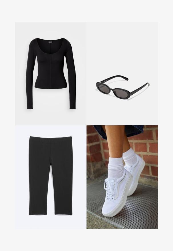 Haut noir à manches longues avec un col rond, une coupe ajustée et un détail de couture verticale au centre. Confectionné dans un tissu lisse.; Leggings courts noirs avec petites fentes latérales à l'ourlet, en tissu extensible lisse, présentés à plat sur fond blanc.; Baskets en toile blanches avec semelles en caoutchouc, dotées de six œillets, d'un bout rond et de détails de couture légers, portées avec des chaussettes blanches mi-mollet.; Even&Odd Lunettes de soleil - black