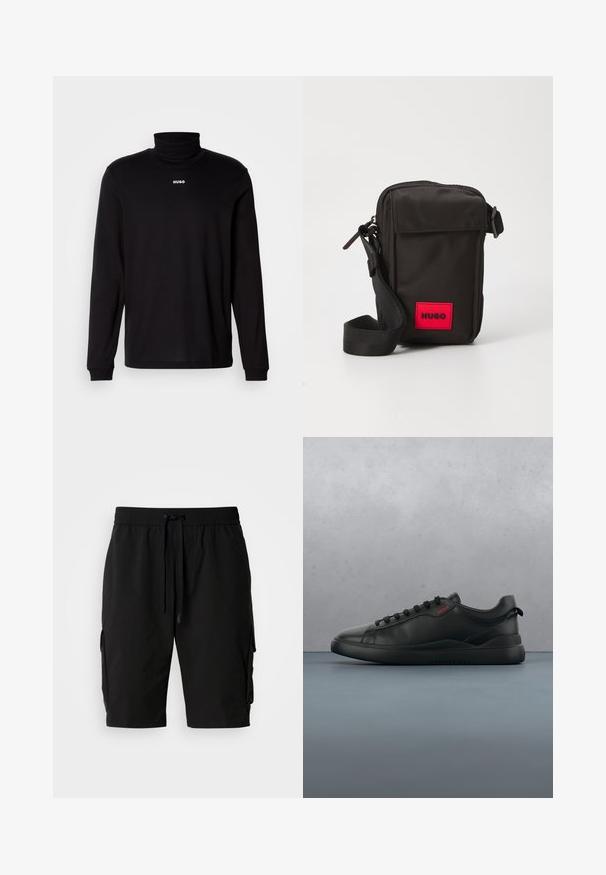 Sort langærmet turtleneck skjorte lavet af glat stof, med et hvidt "HUGO" logo på brystet, samt tætsiddende manchetter og kant.; Sorte cargo shorts lavet af letvægtsstof, med elastisk talje, snor og sidelommer til ekstra opbevaring.; HUGO BLAKE - Sneakers - black; Sort stof crossbody tas med et rødt logo patch, med en lynlåslukning på toppen, en frontlomme med klap og en justerbar rem.